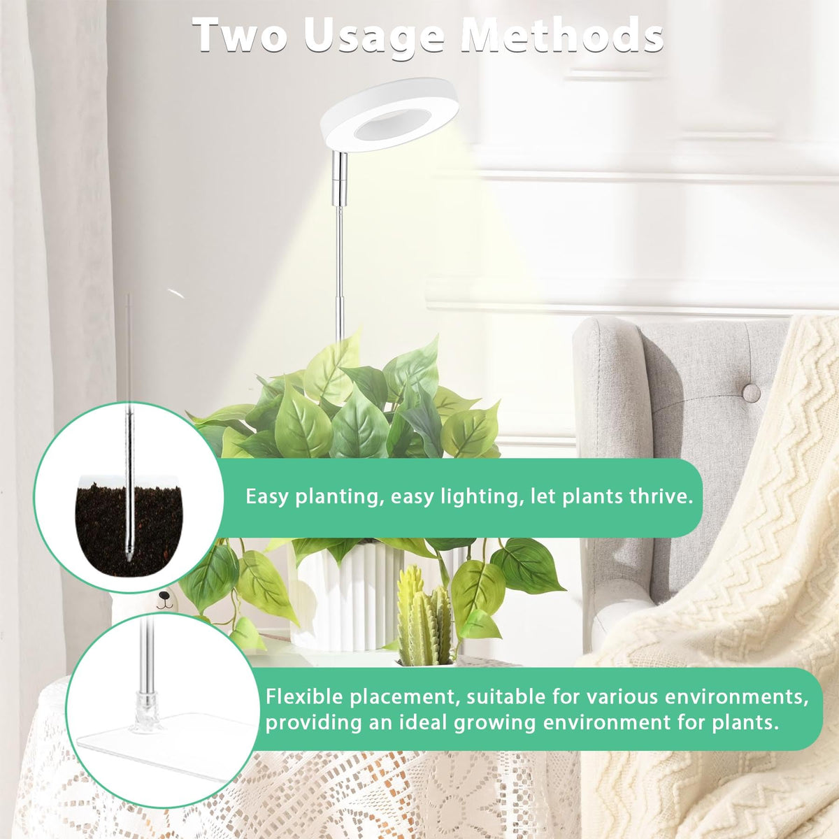 Yadoker Halo Grow Light height-adjustable pole supports multiple plants.