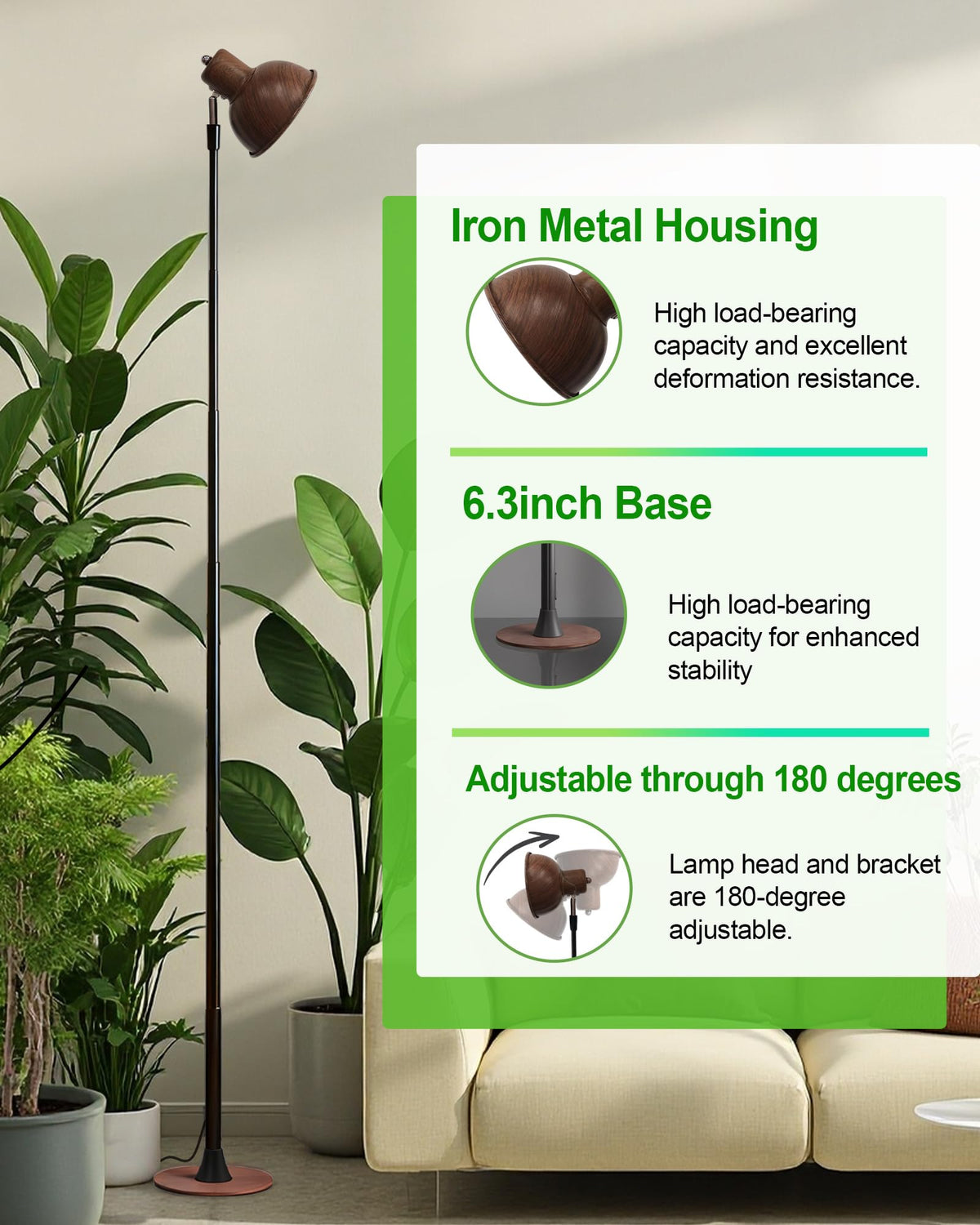 Yadoker height-adjustable design accommodates tall plants for optimal lighting.