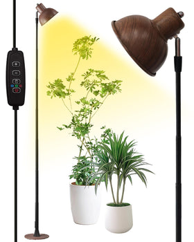 Yadoker walnut wood grain grow light provides stylish, full-spectrum indoor plant illumination.