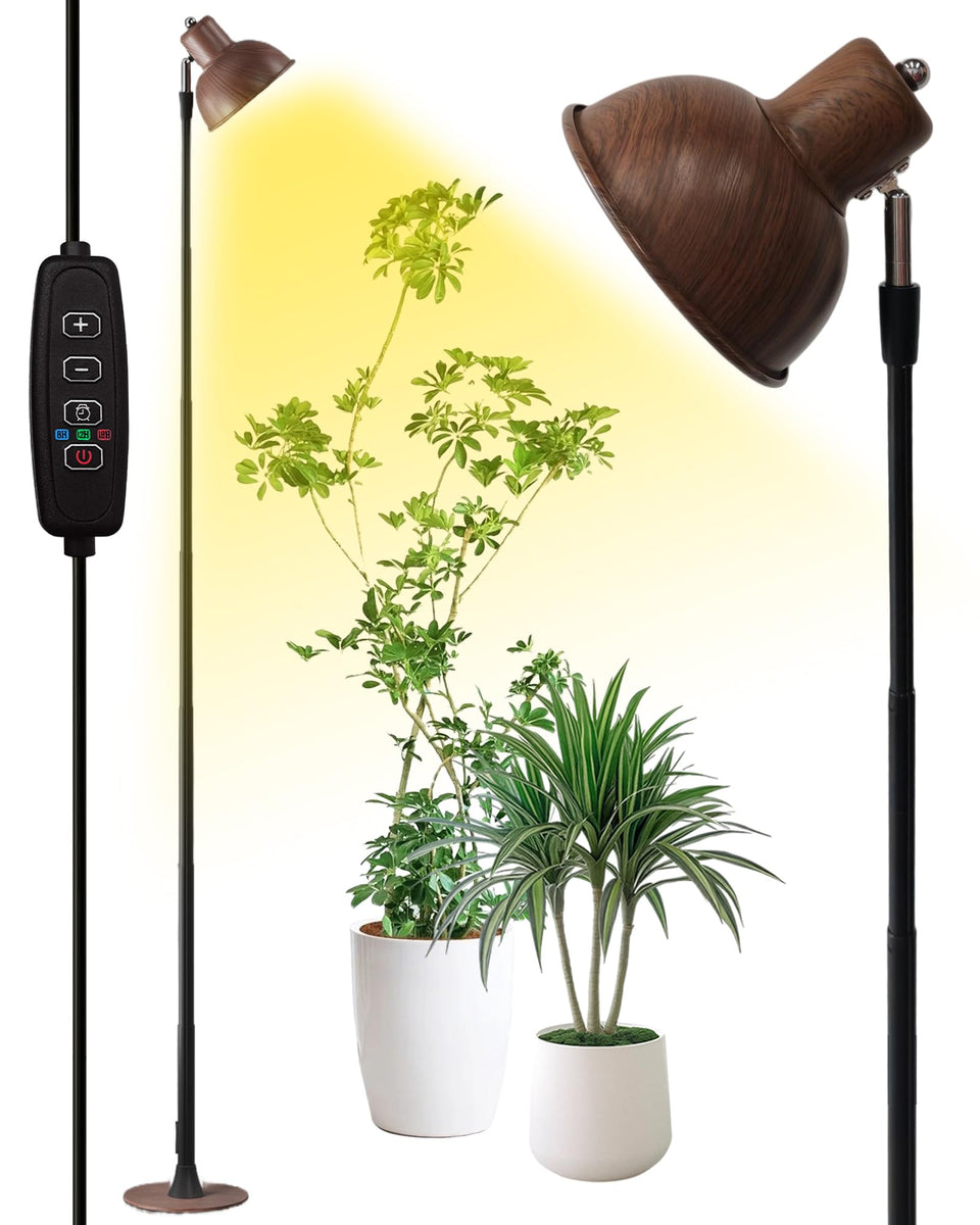 Yadoker walnut wood grain grow light provides stylish, full-spectrum indoor plant illumination.