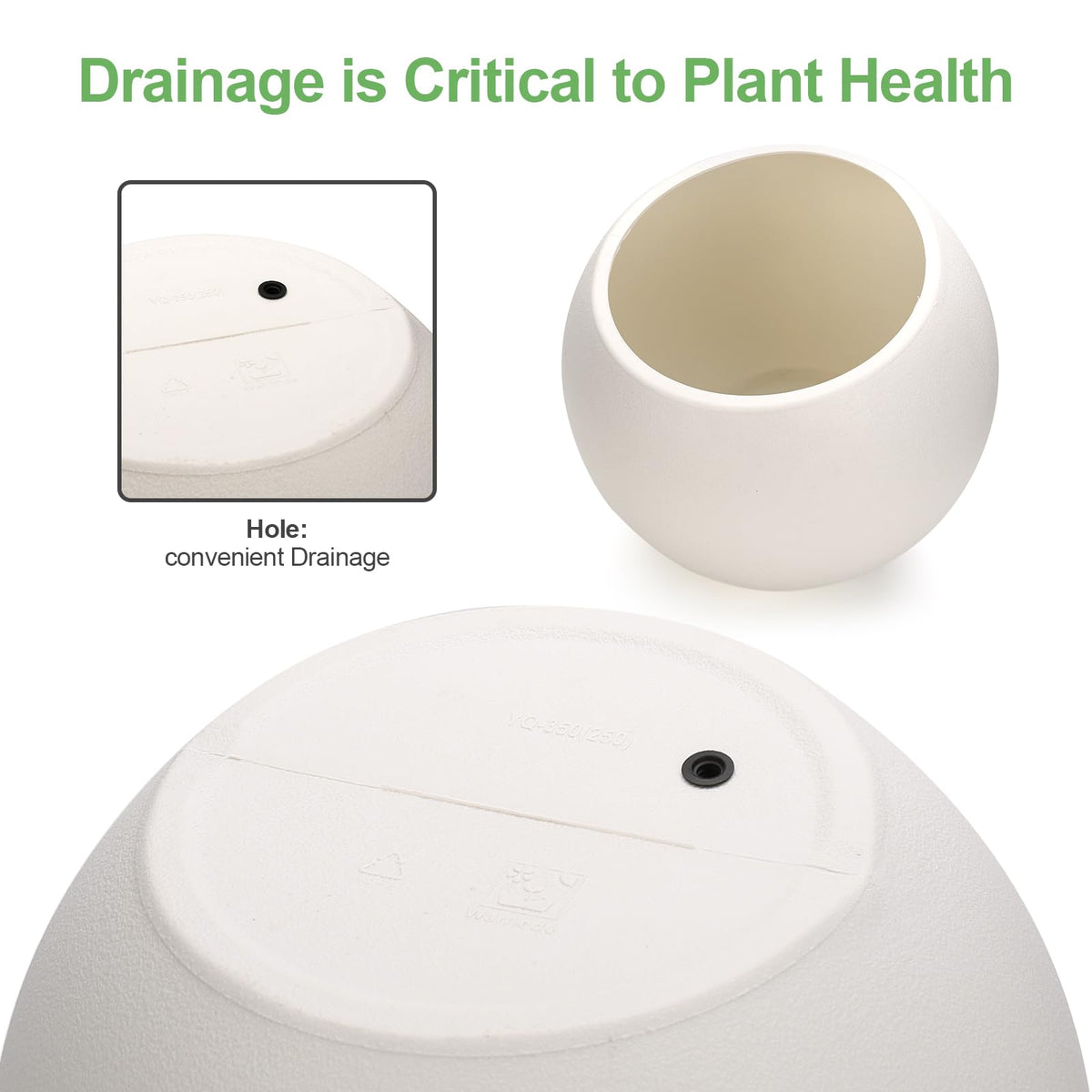 Yaghpy planter highlighting drainage hole and rubber plug for watering control.