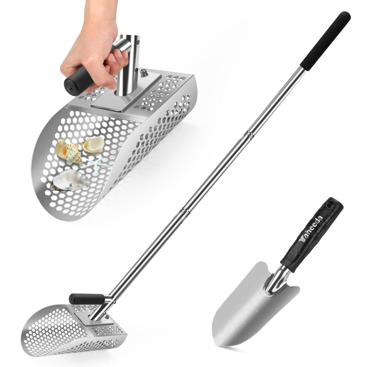 Yaheeda long-handle sand scoop on the beach for easy treasure digging and quick filtering.