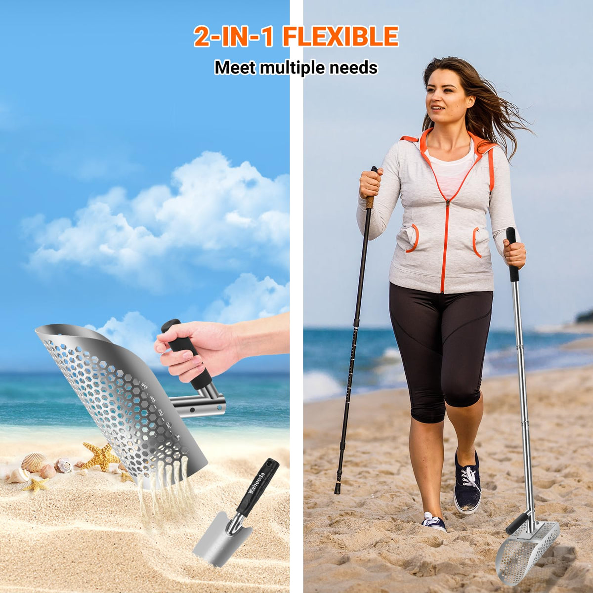 Yaheeda stainless-steel sand scoop for durable metal detecting on wet or dry sand.