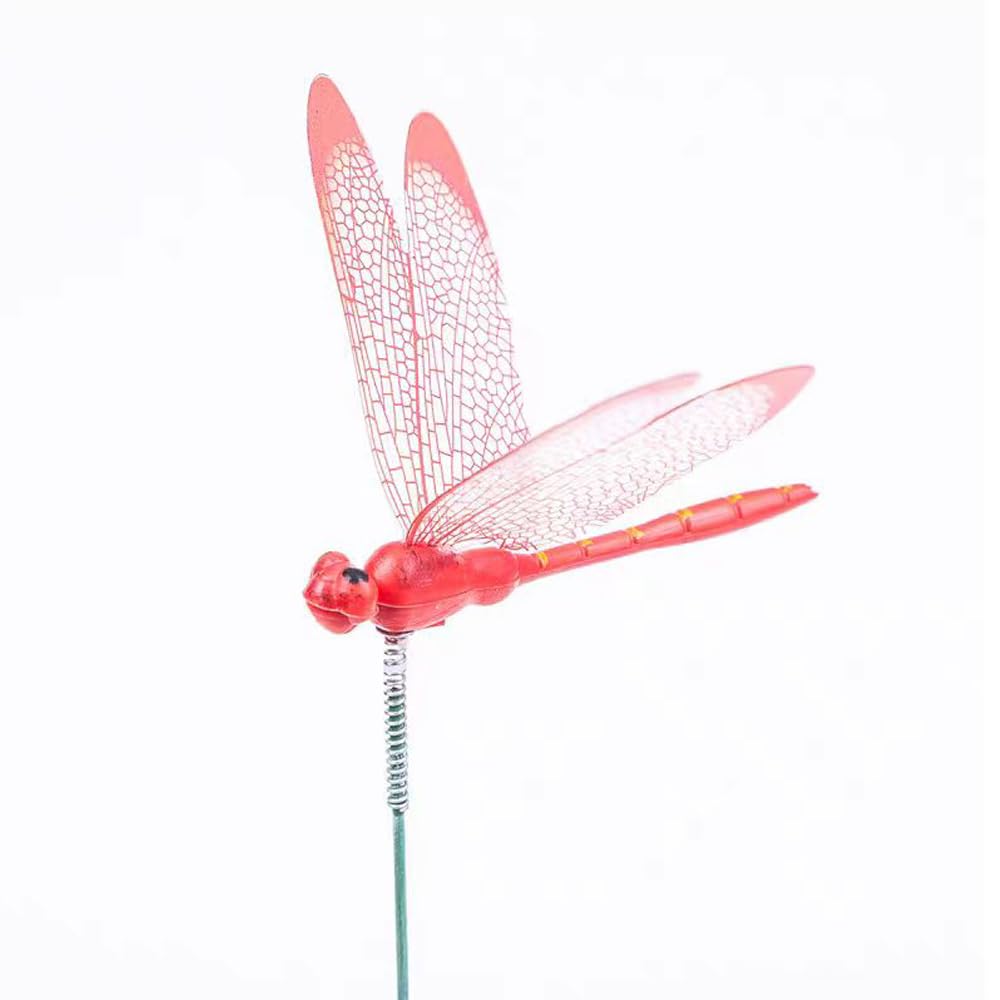Yahpetes iron wire and PVC dragonflies on stakes for durable garden decor.