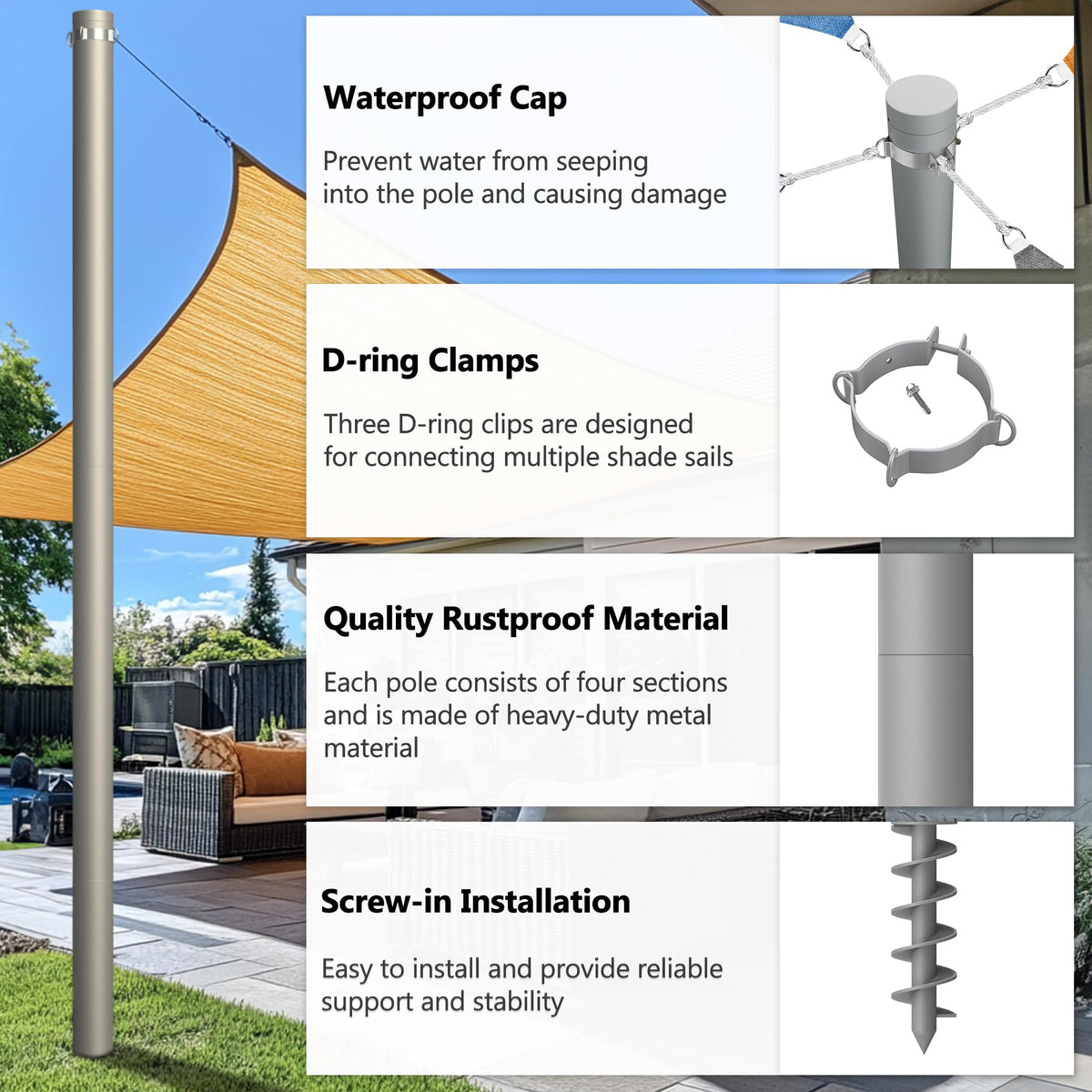 Yakmax D-clamps secure shade poles on decks or lawns