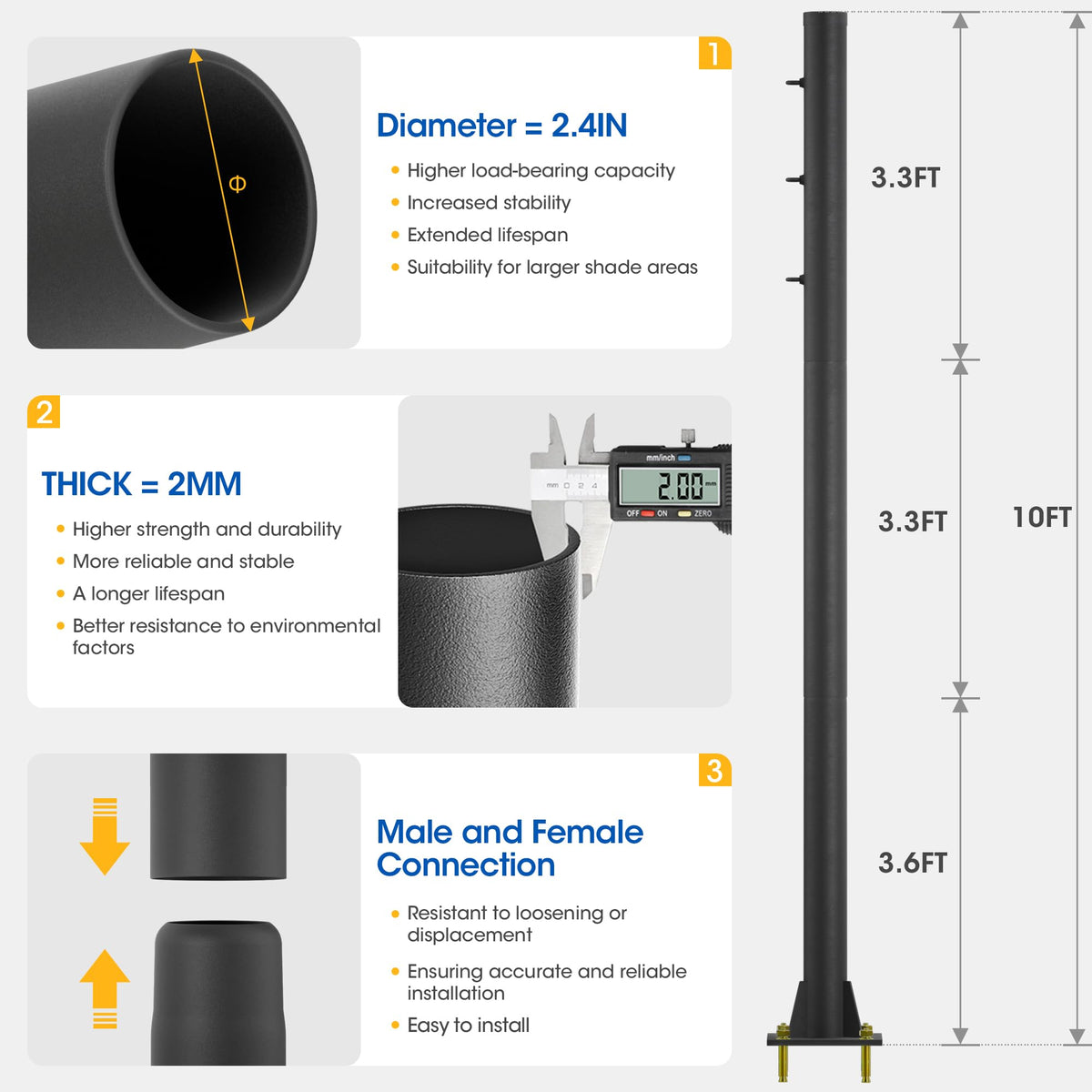 Yakmax heavy-duty black shade pole with M16 base screws for solid concrete mounting