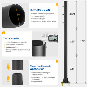 Yakmax heavy-duty black shade pole with M16 base screws for solid concrete mounting