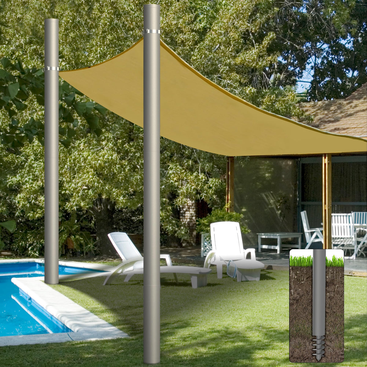 Yakmax shade sail pole ground screw-in installation for stable backyard shade