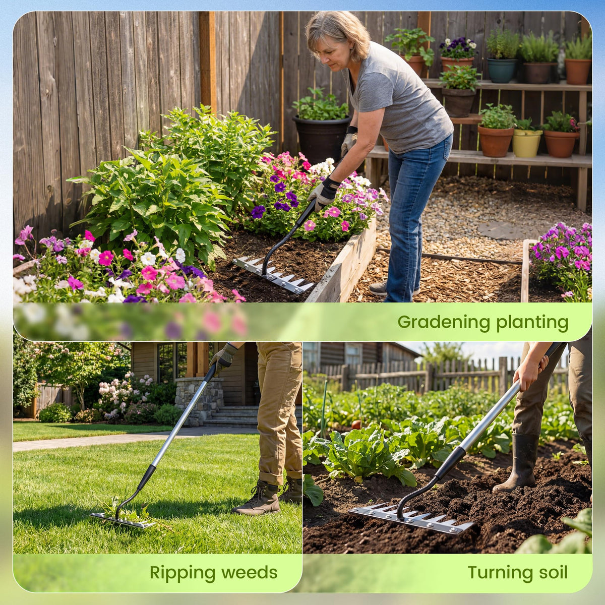 YALEENT garden rake aids soil aeration and bed leveling.