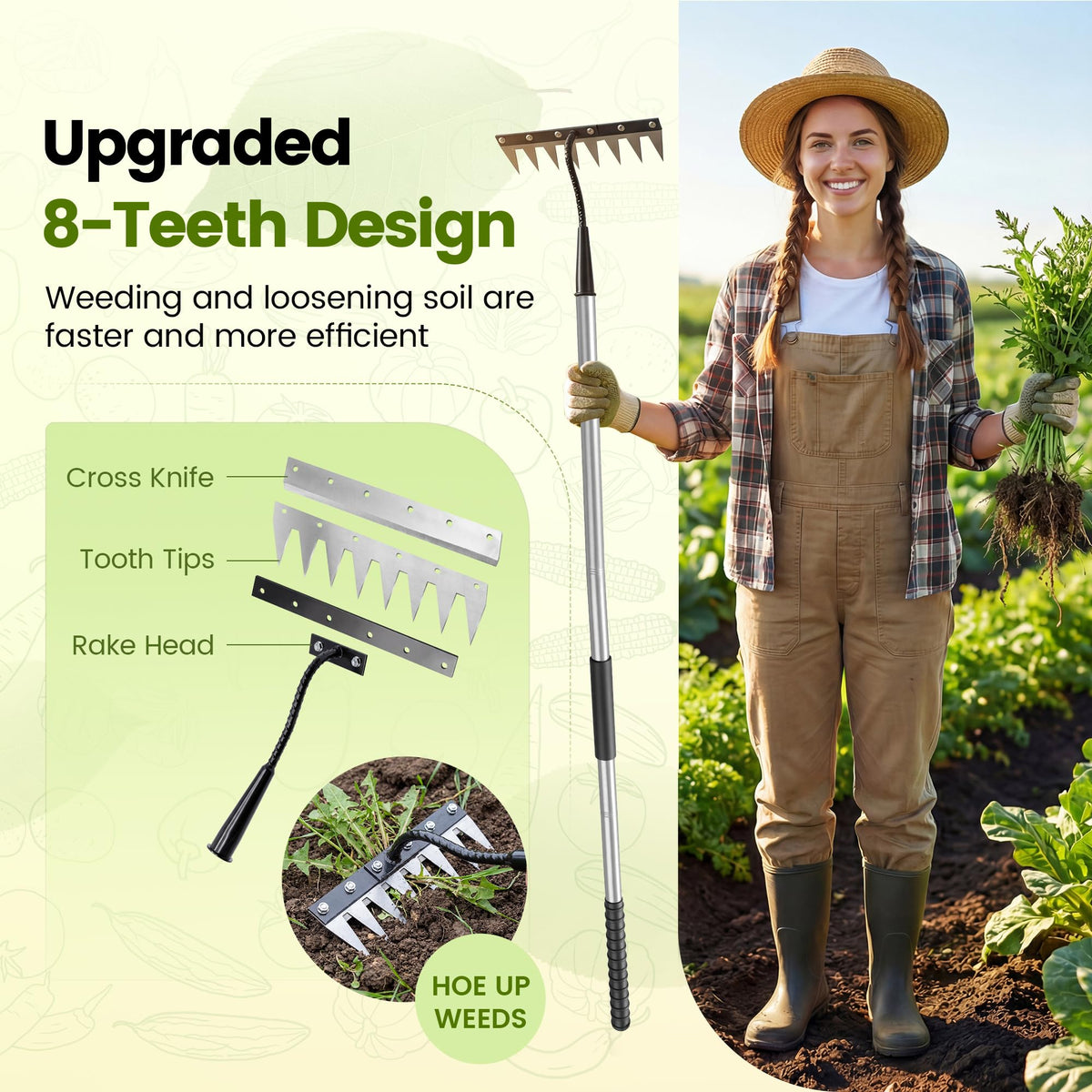 YALEENT weeding rake with adjustable handle for comfortable reach.