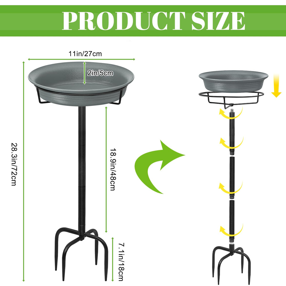 YALINKA birdbath grey with sturdy metal stake stays upright in wind