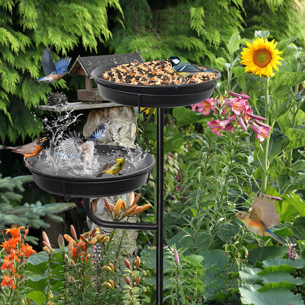 YALINKA heavy-duty steel stake keeps the birdbath upright in windy yards.