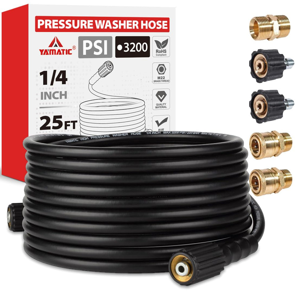 YAMATIC 25ft hose laid out showing M22 connection for easy compatibility.