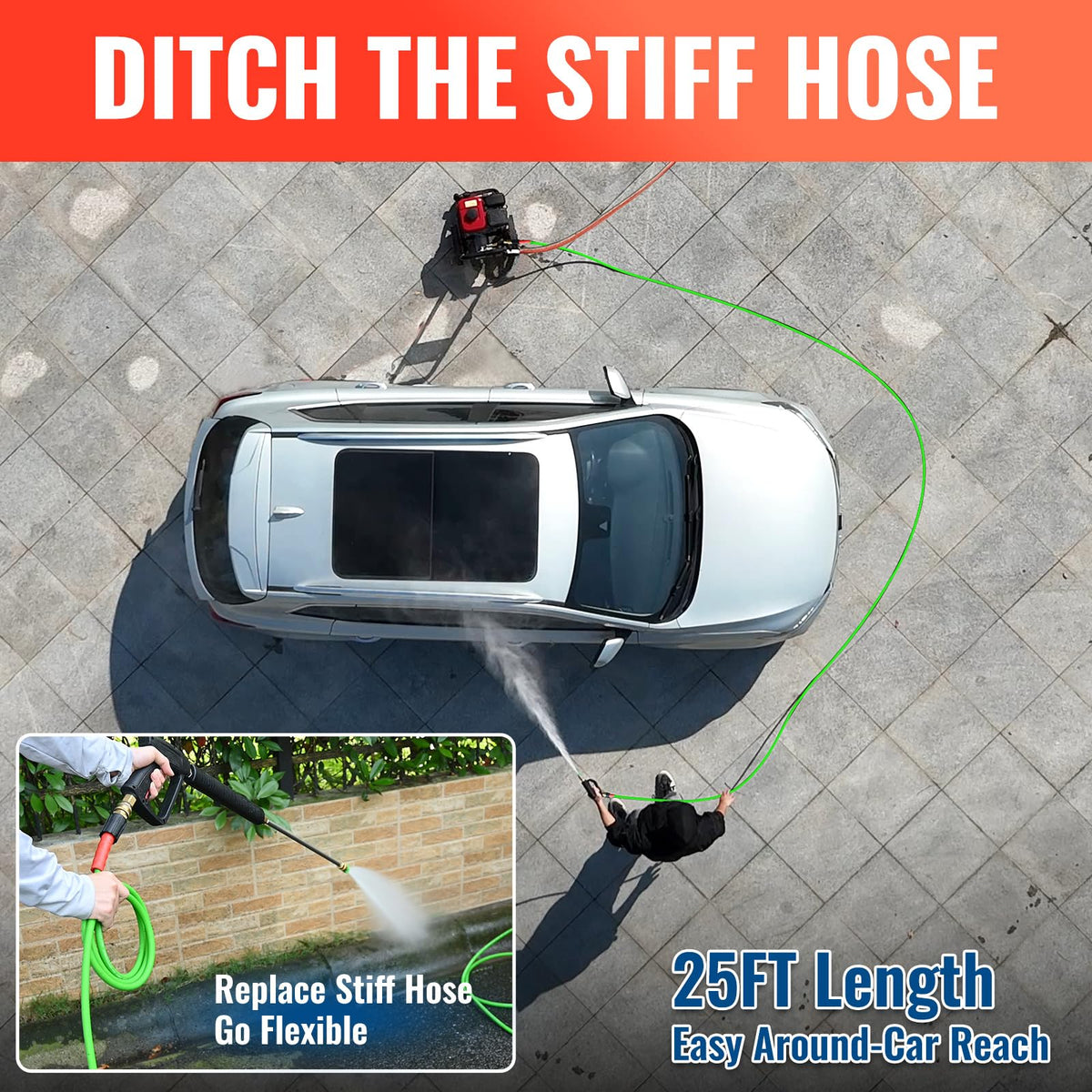 Brass fittings reinforce durability at the hose ends
