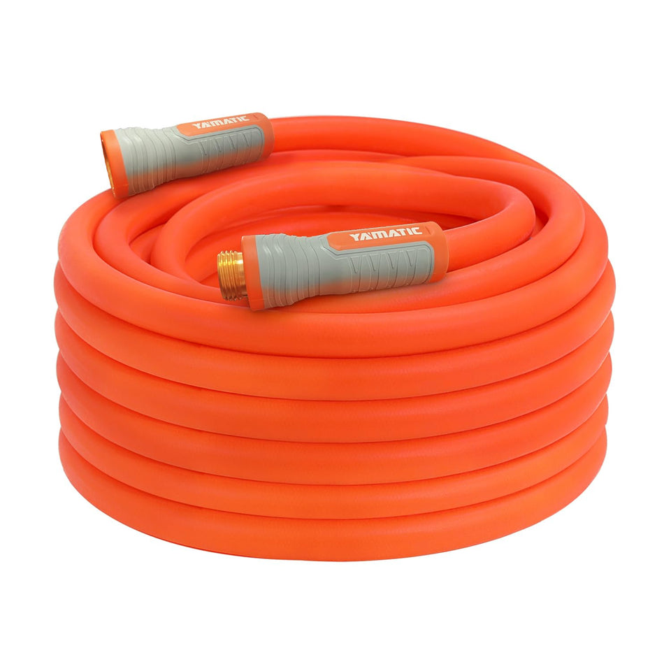 YAMATIC heavy-duty garden hose with swivel fitting enables effortless watering.