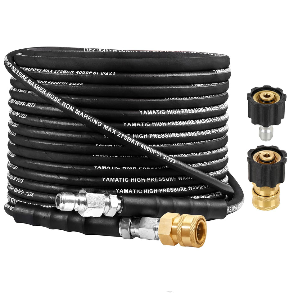 YAMATIC kink-resistant hose with 360° swivel for tangle-free setup and easier cleaning.