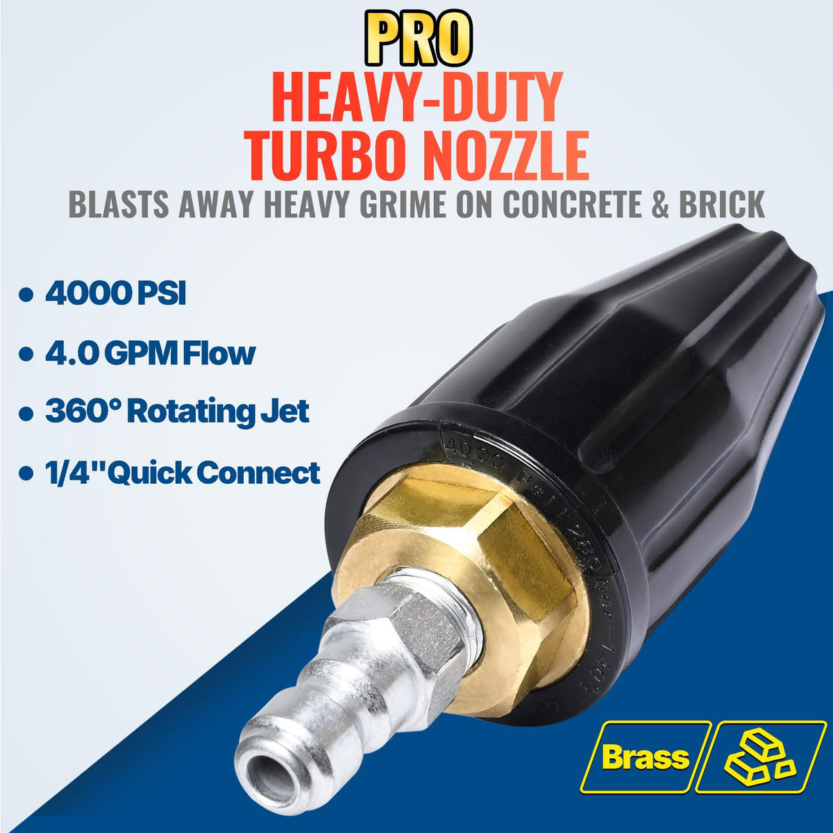 YAMATIC brass body turbo nozzle resists corrosion for longer life.