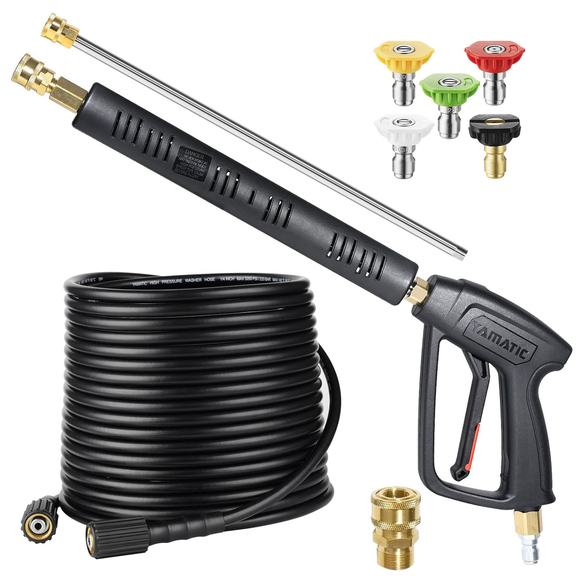 YAMATIC pressure washer gun and hose kit enabling extended reach for tough outdoor cleaning.