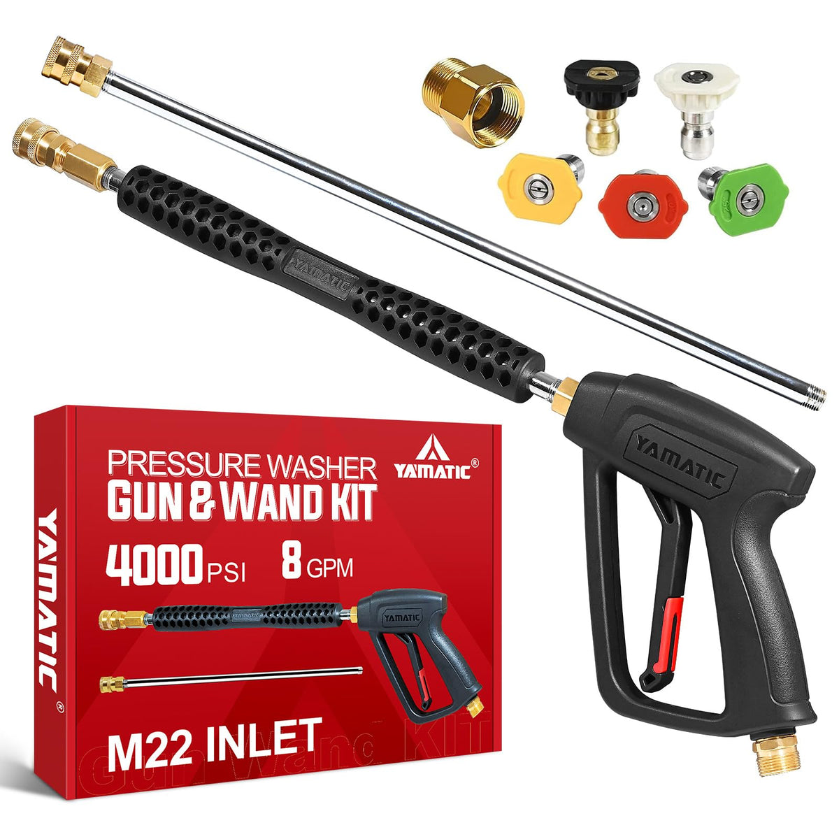 YAMATIC pressure washer gun and wand with five nozzles for versatile cleaning.