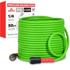 YAMATIC 50ft pressure-washer hose with brass M22 fittings for secure connections.
