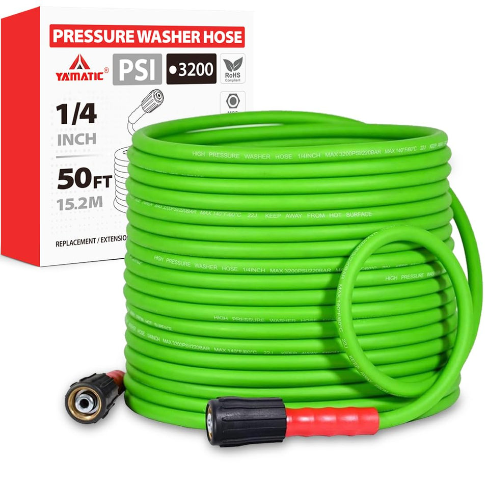 YAMATIC 50ft pressure-washer hose with brass M22 fittings for secure connections.