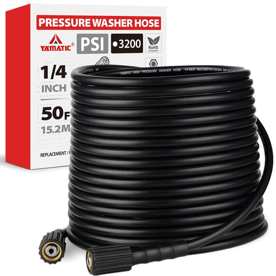 YAMATIC 50ft universal replacement hose for power washers enables quick outdoor cleaning.