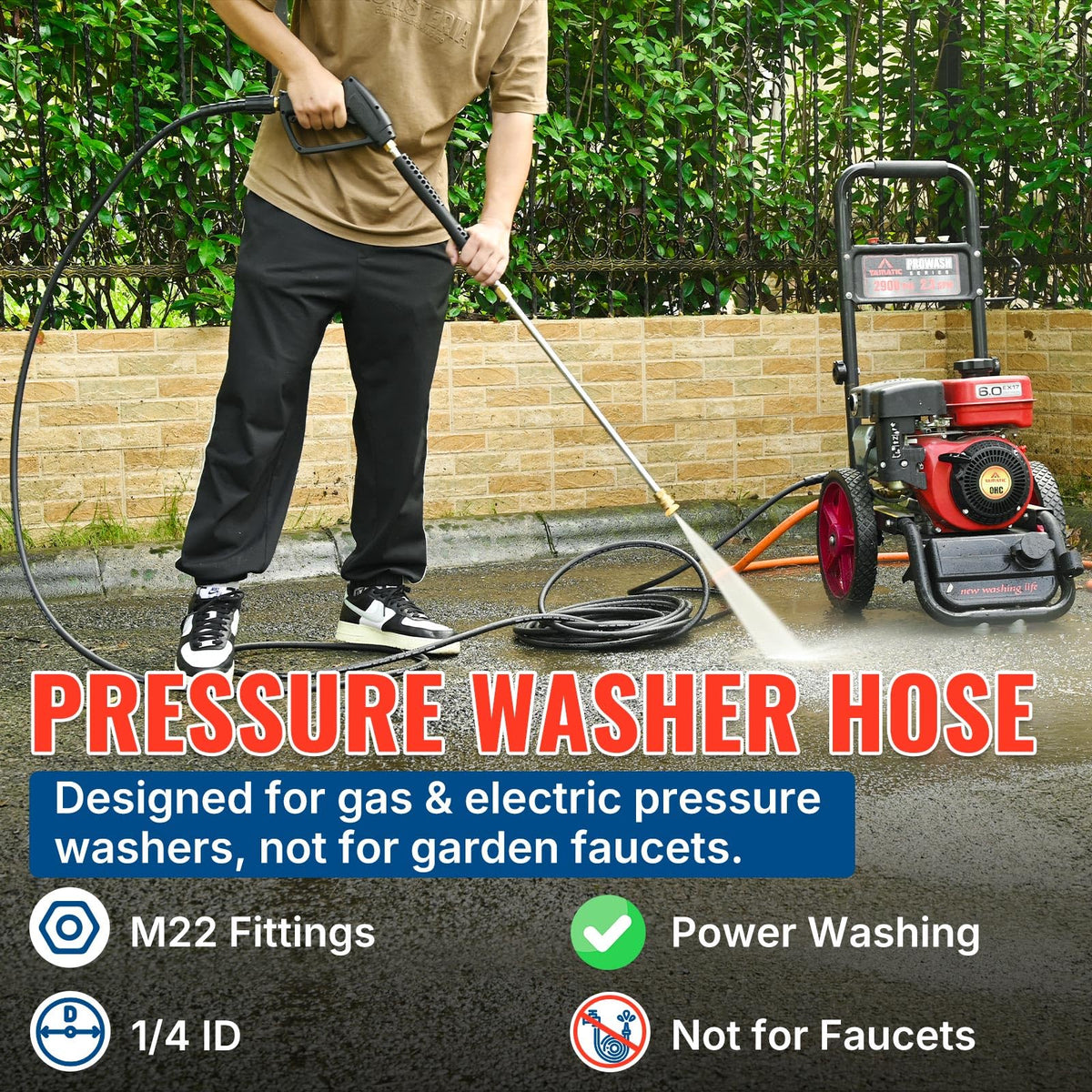 YAMATIC quarter-inch inner diameter hose delivers steady water flow during car washing.