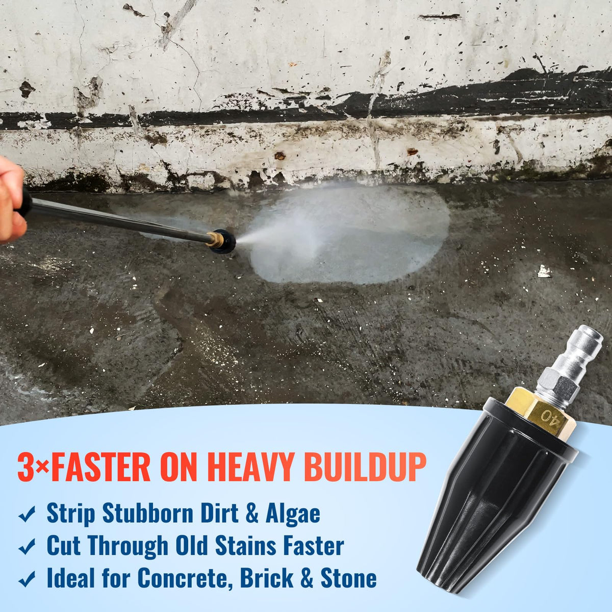 YAMATIC rotating spray cleans bricks and concrete efficiently.