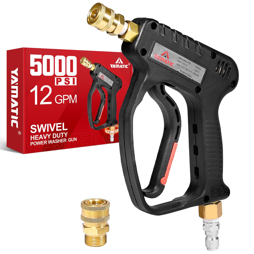 YAMATIC short pressure washer gun with 360-degree swivel reduces hose tangles during cleaning.