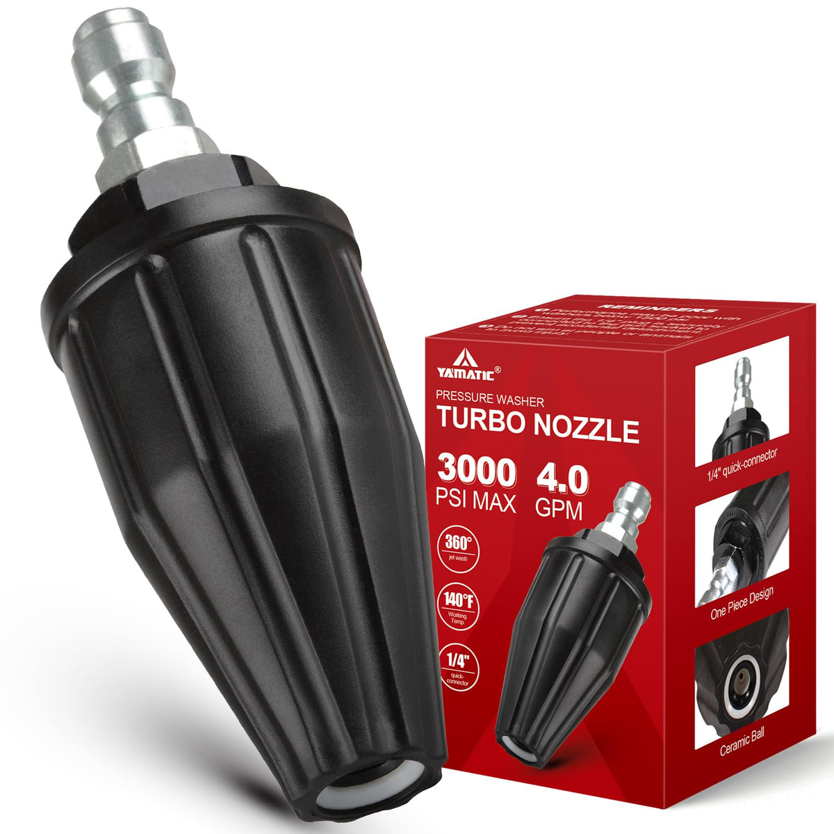 YAMATIC turbo nozzle 360° rotating spray covers large areas quickly.
