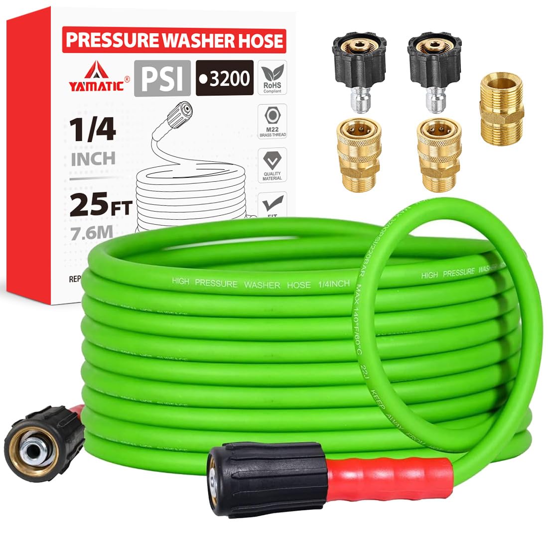 YAMATIC upgraded 25ft hose lays flat for smooth cleaning around vehicles.