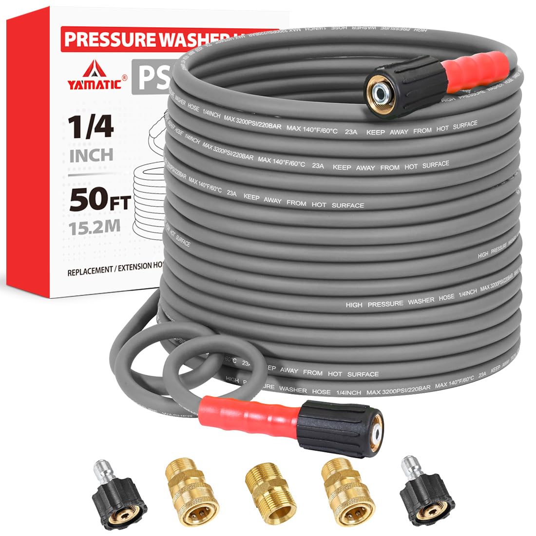 YAMATIC upgraded 50ft flexible hose coiled for easy maneuverability.