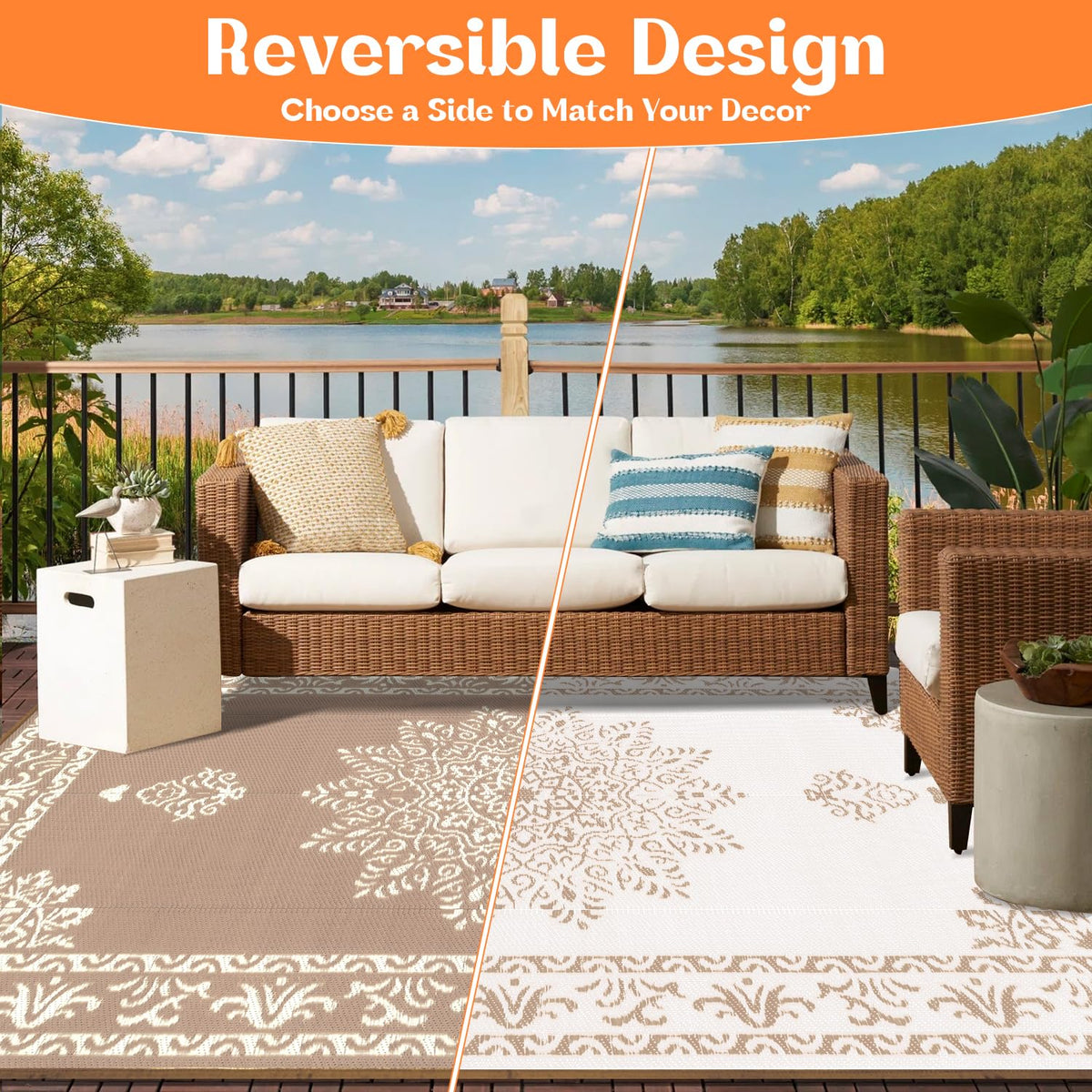 Yamaziot boho pattern reversible rug offering two looks for porch or balcony.