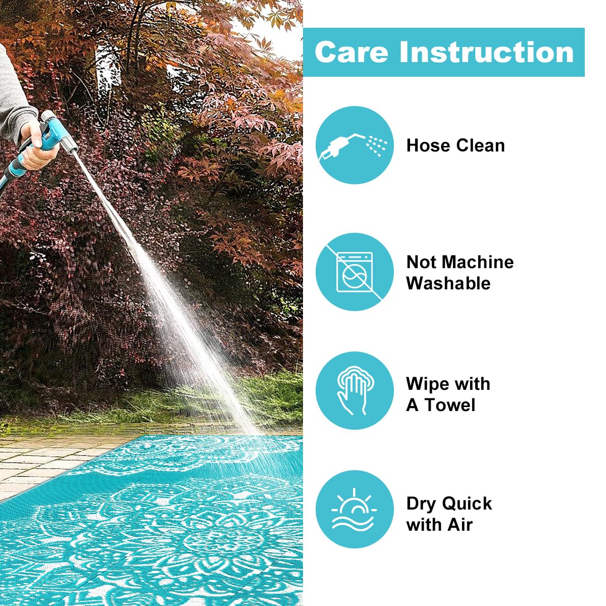Easy-clean waterproof Yamaziot rug ready for hose rinse after outdoor use