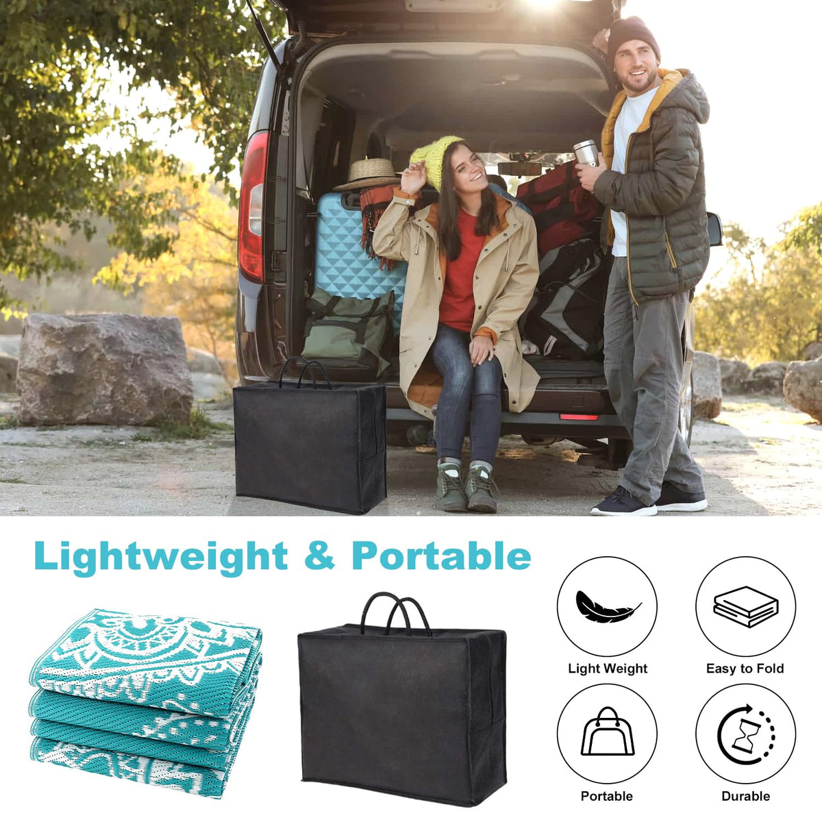 Lightweight and portable Yamaziot rug in blue for camping and picnics