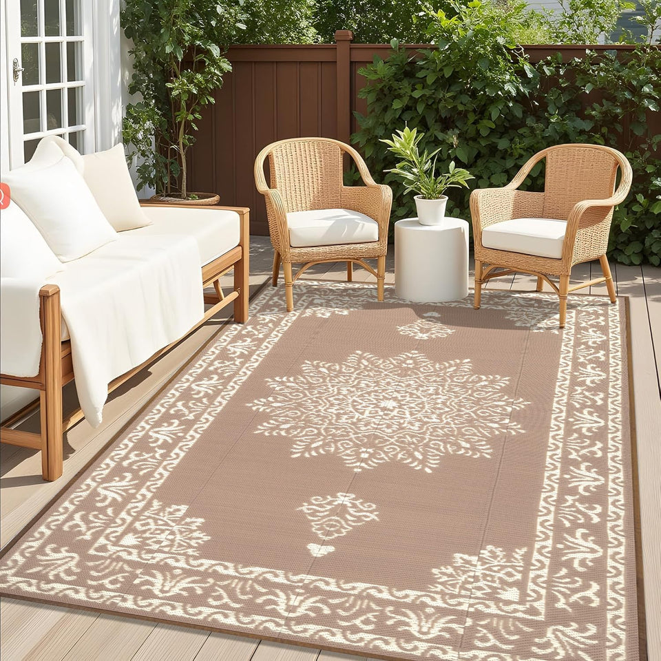 Yamaziot outdoor rug 5x8 brown provides weatherproof comfort for patios and decks.
