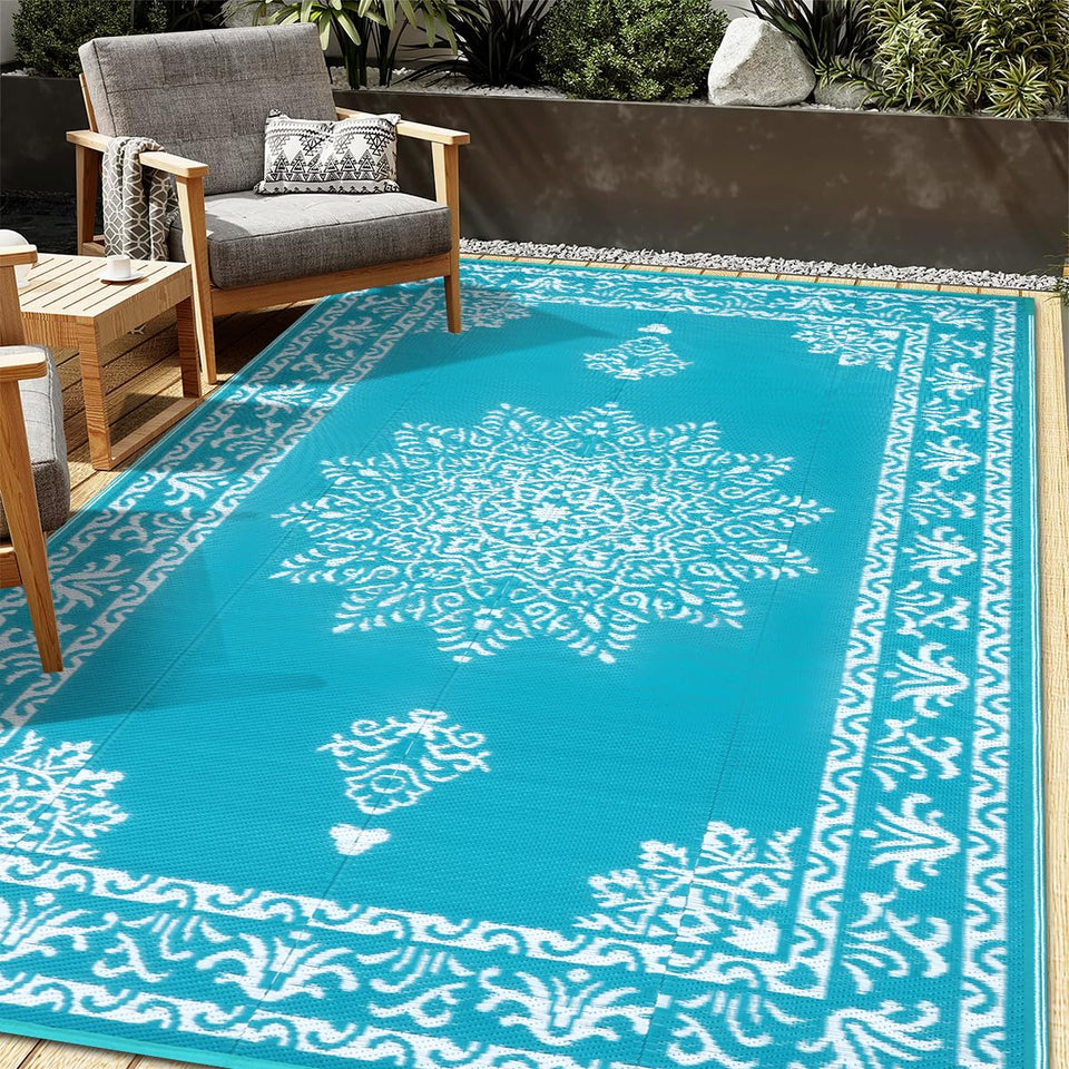 Yamaziot outdoor rug 5x8 teal boho two-sided design offers versatile decor.