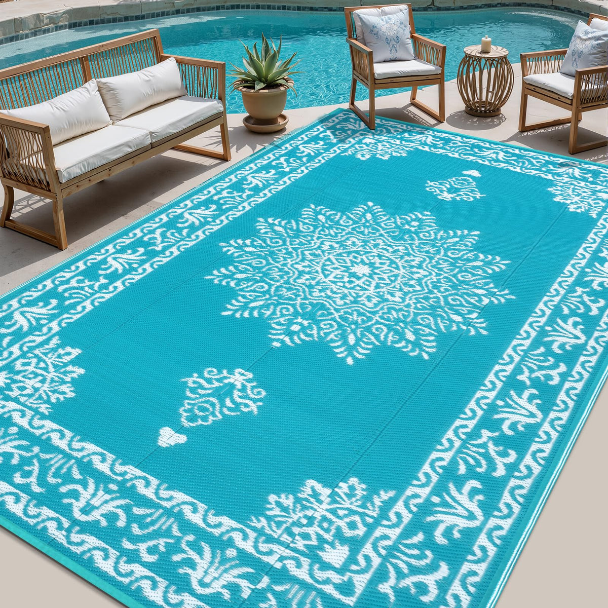 Yamaziot outdoor rug 8x10 teal close-up shows textured weave and vibrant color.