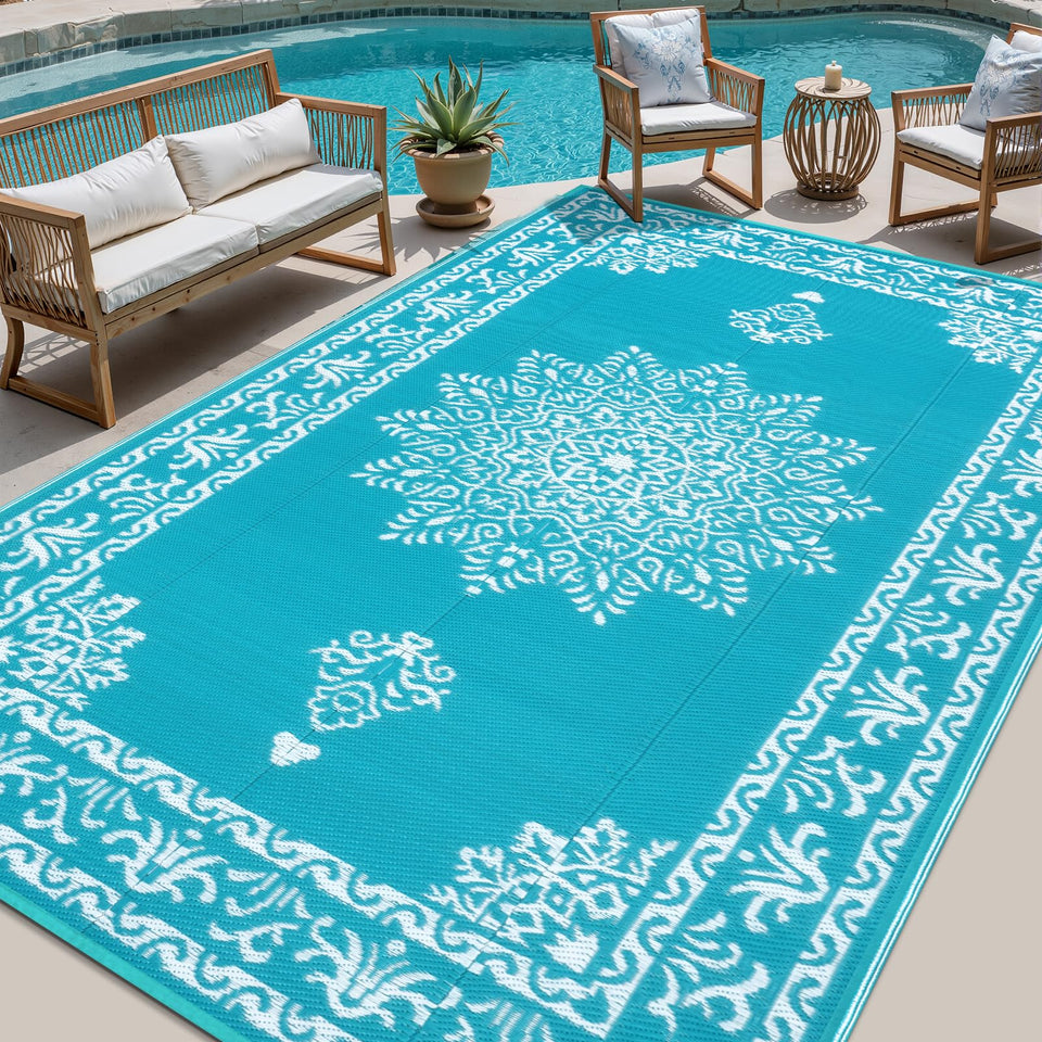 Yamaziot outdoor rug 8x10 teal close-up shows textured weave and vibrant color.