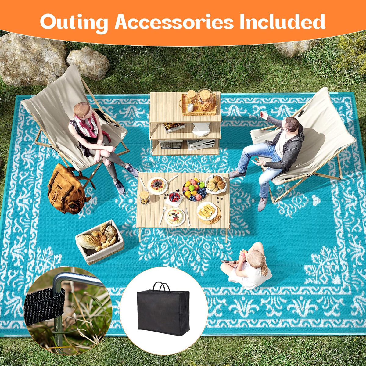Yamaziot outdoor rug for camping and RV use on various terrains.
