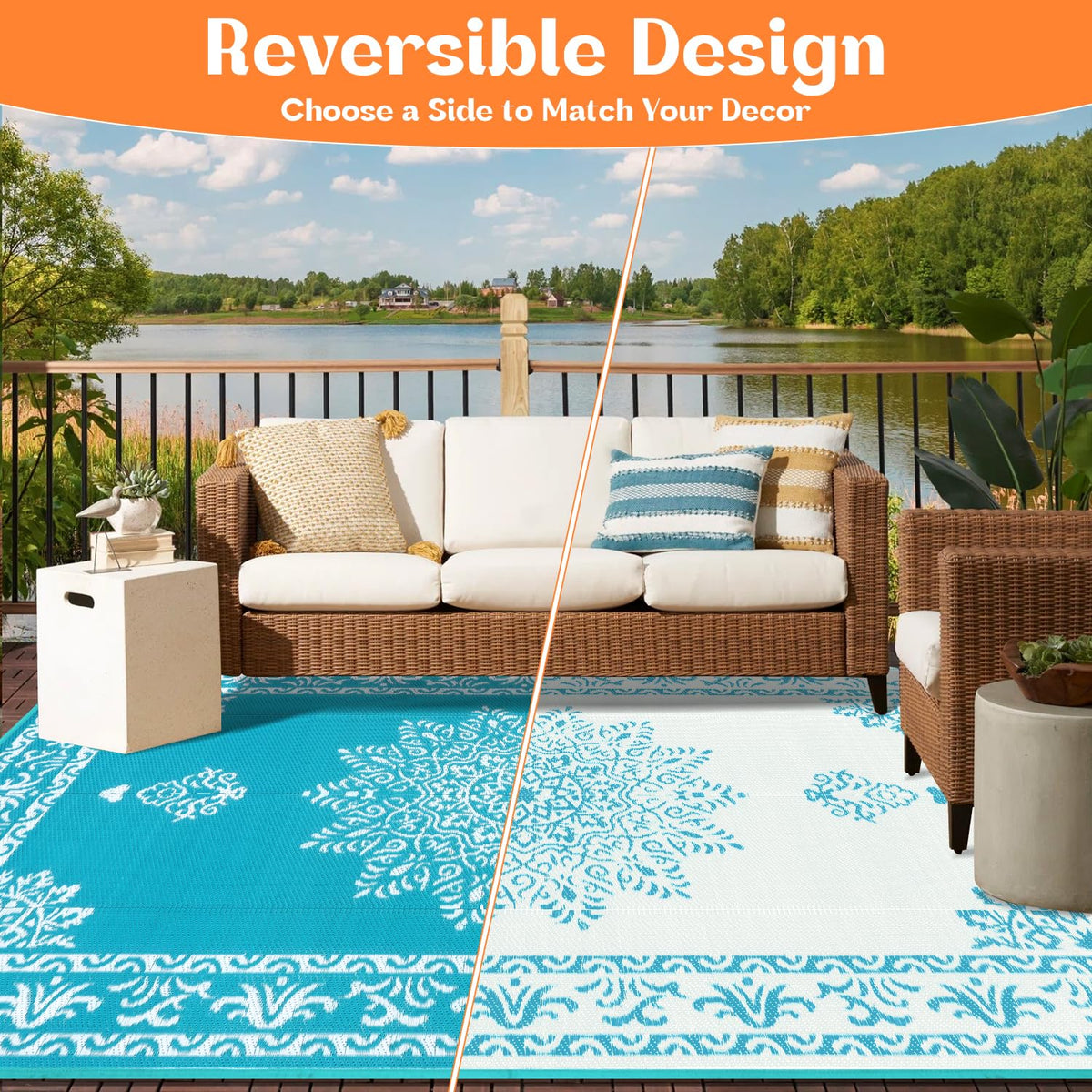 Yamaziot outdoor rug 2-sided teal pattern offers versatile styling options.