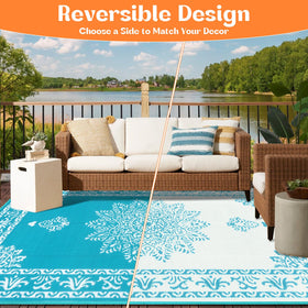 Yamaziot outdoor rug 2-sided teal pattern offers versatile styling options.