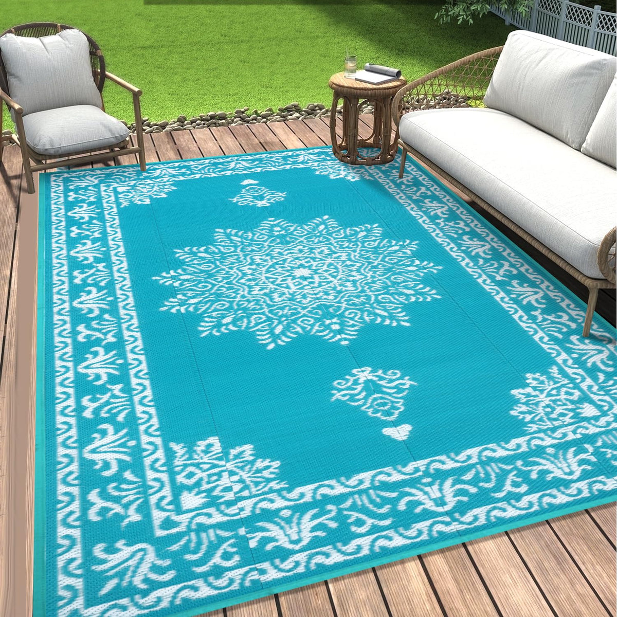 Yamaziot outdoor rug with UV-coated material resists fading for long-lasting color.