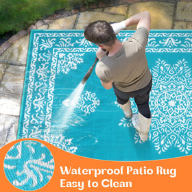 Yamaziot outdoor rug UV-coated edge close-up resists fading and tearing.