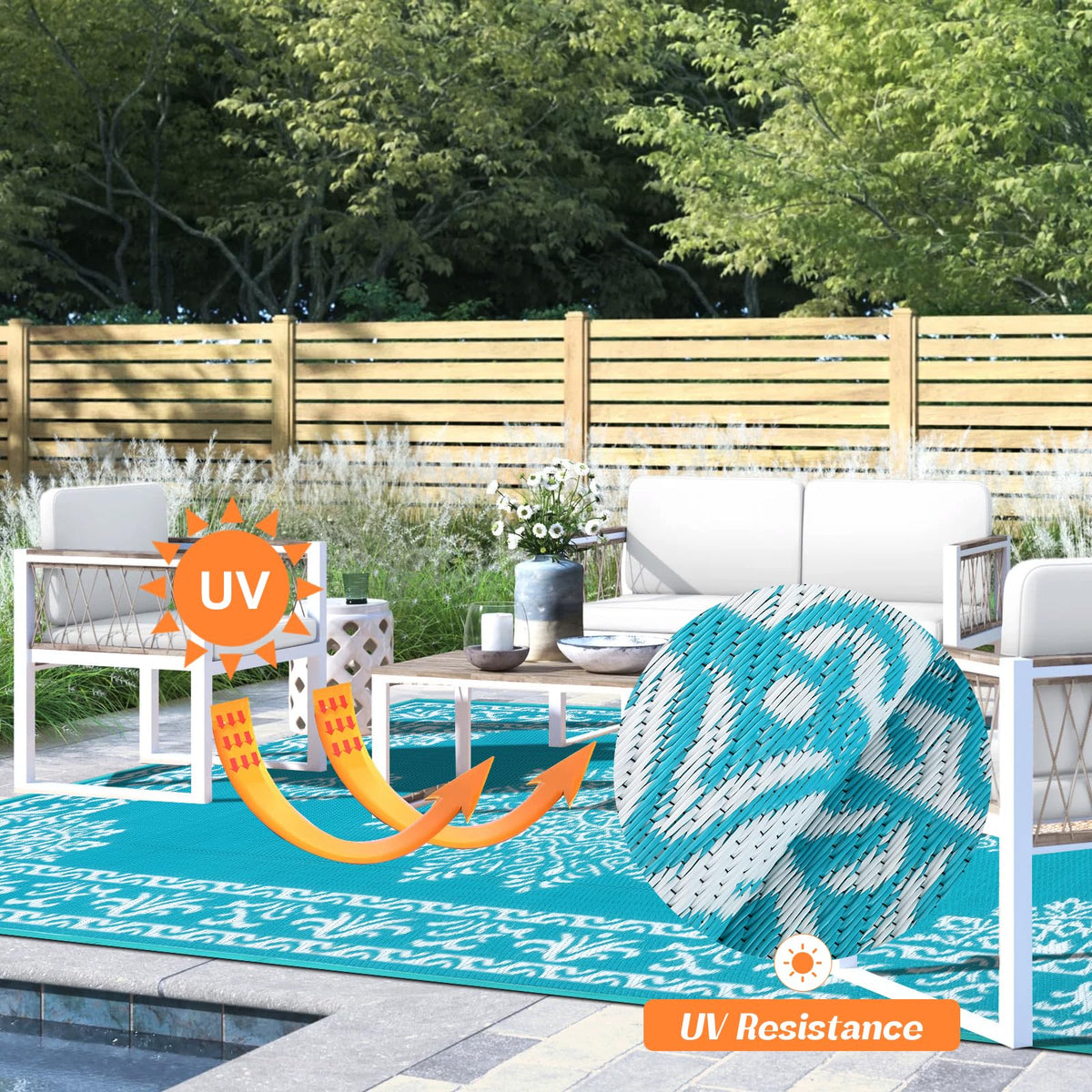 Yamaziot outdoor rug waterproof surface detail enables easy cleaning outdoors.