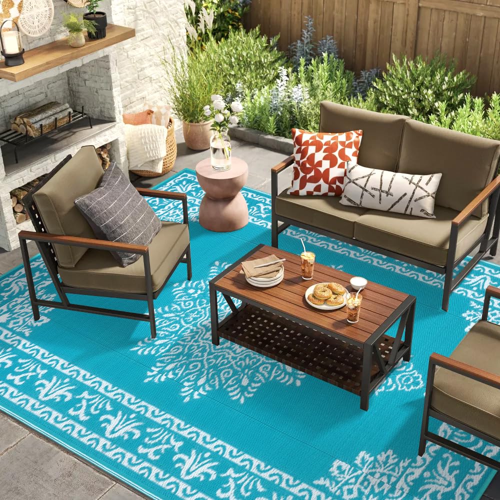Yamaziot patio rug cleans quickly with a wipe or hose-off method.