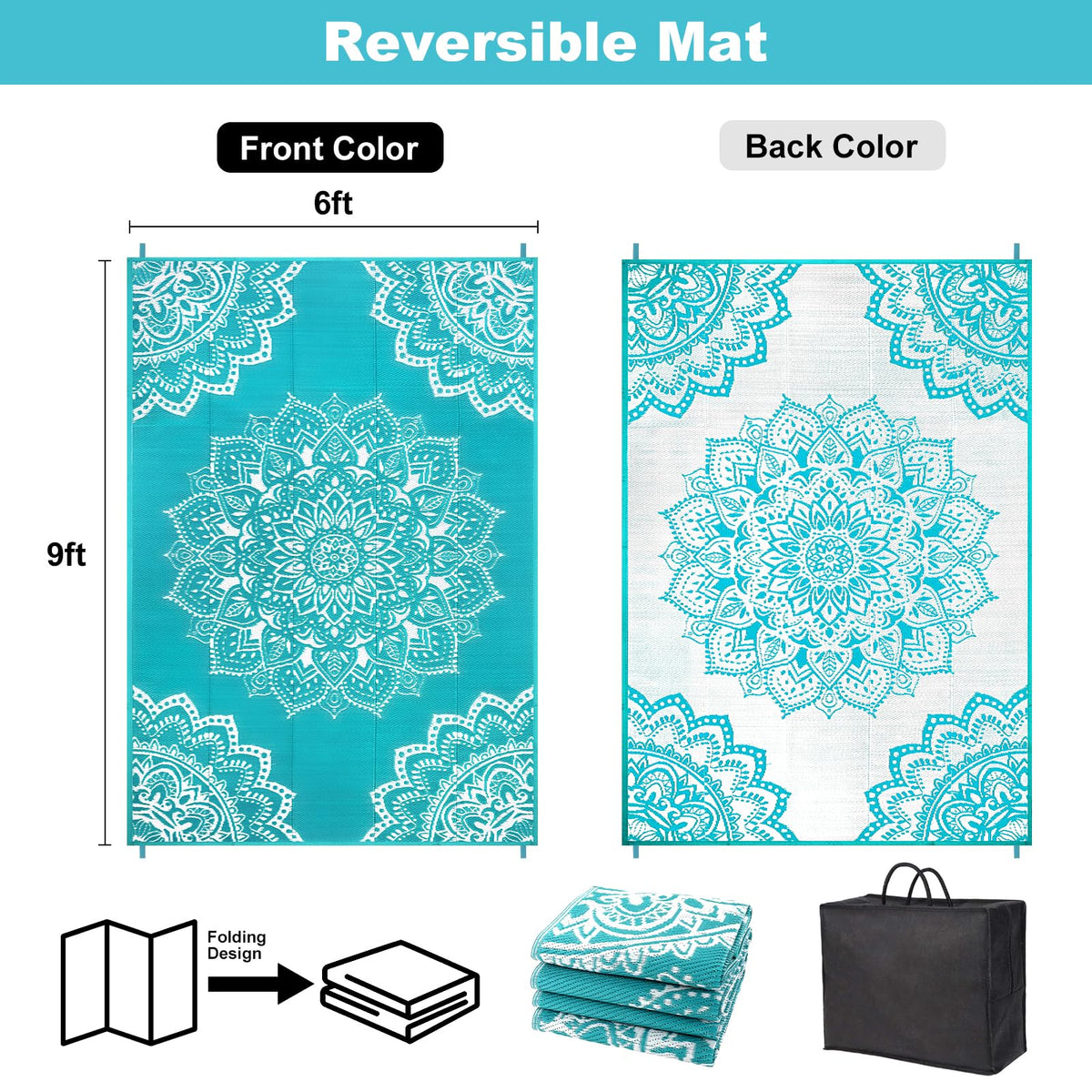 Blue Yamaziot plastic straw outdoor rug suitable for patios and decks