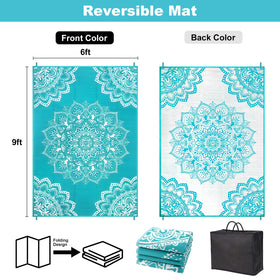 Blue Yamaziot plastic straw outdoor rug suitable for patios and decks