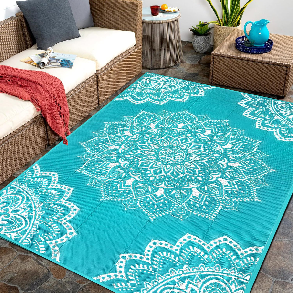 Yamaziot blue reversible outdoor rug 5x8 for patio and camping