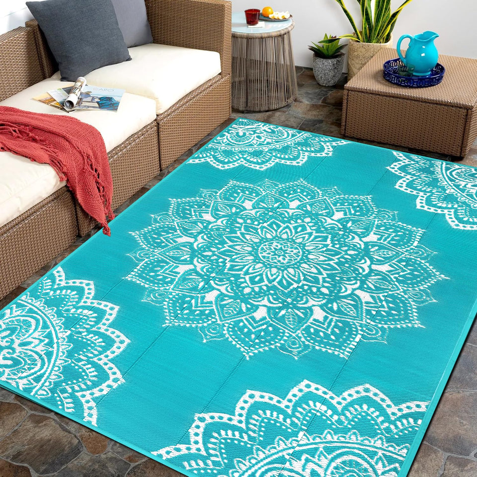 Yamaziot blue reversible outdoor rug 5x8 for patio and camping